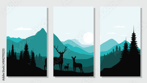 Simple flat vector mountain landscape background, nature with deer silhouette