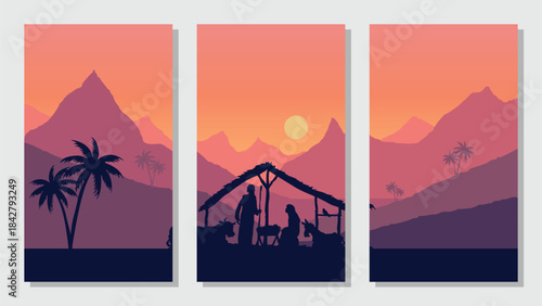 Simple flat vector mountains, landscape background, nature with Christmas silhouette