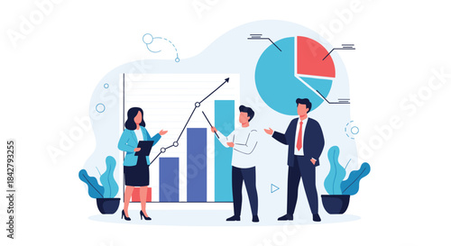 Business professionals analyze market data and financial growth using charts and graphs during a collaborative team meeting.