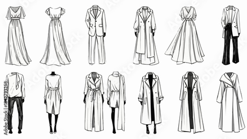 Collection of Fashion Sketches Featuring Elegant Dresses and Chic Outfits.