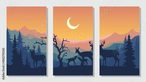 Simple flat vector mountain landscape background, nature with deer silhouette