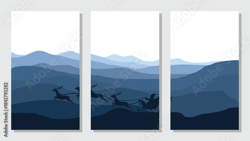 Simple flat vector mountains, landscape background, nature with Christmas silhouette