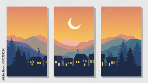 Simple mountain vector flat, landscape background, nature with night village silhouette