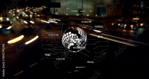 Data ping causing holo shifting cage to globe, splitting, reforming mirror globe showing traffic