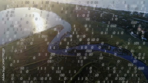 Drone camera tilting starting binary overlay forming over winding tidal channel and lagoon, mapping