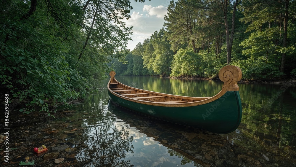 Fototapeta premium A green canoe resting in a calm river surrounded by lush trees and greenery.