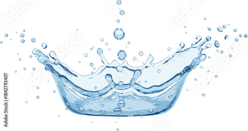 Realistic 3D water splash with clear drops and bubbles forming a crown shape, symbolizing freshness, purity, health, and refreshment on white.