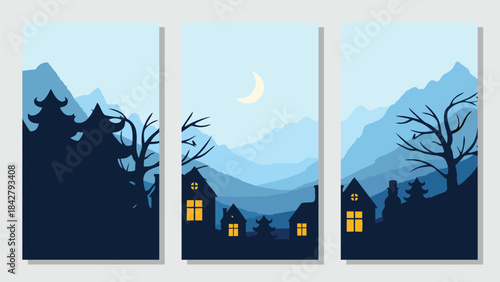 Simple mountain vector flat, landscape background, nature with night village silhouette
