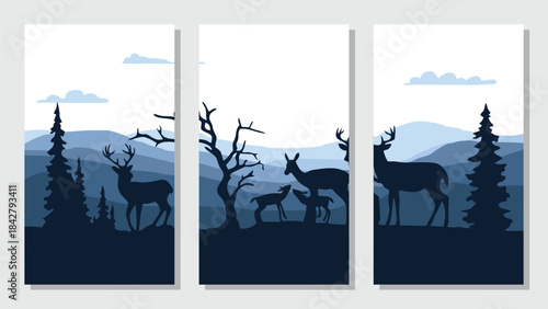Simple flat vector mountain landscape background, nature with deer silhouette