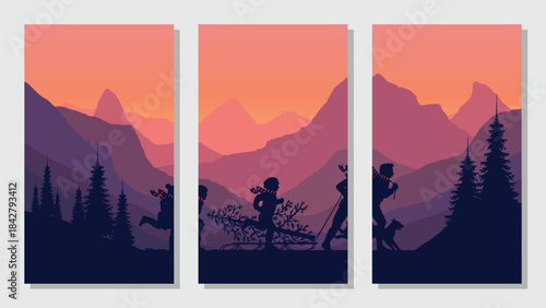 Simple flat vector mountains, landscape background, nature with Christmas silhouette