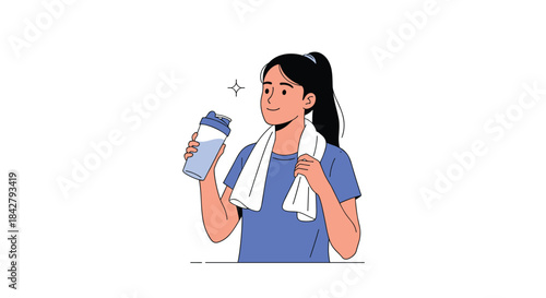 A fit young woman with a towel around her neck smiles and holds a water bottle, signifying hydration and well-being.