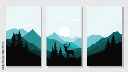 Simple flat vector mountain landscape background, nature with deer silhouette
