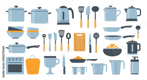 A comprehensive collection of modern kitchenware and cooking utensils arranged neatly on a white background.