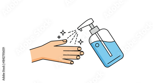 Cartoon illustration depicting a hand being sanitized by a pump dispenser bottle, symbolizing cleanliness and germ protection.