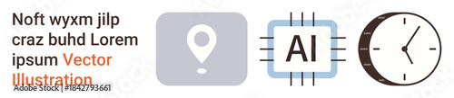 Technology, navigation, scheduling, AI development, data processing, productivity. Minimal flat icons showing a location pin, AI chip symbol and clock. Technology and navigation concept