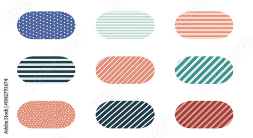 Collection of nine abstract oval shapes featuring diverse geometric patterns like dots and stripes in a soothing pastel color palette on white.