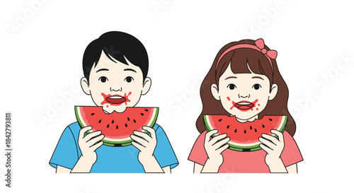 A happy boy and girl enjoy a refreshing watermelon, getting their faces messy with juice as they take big bites on a hot summer day.