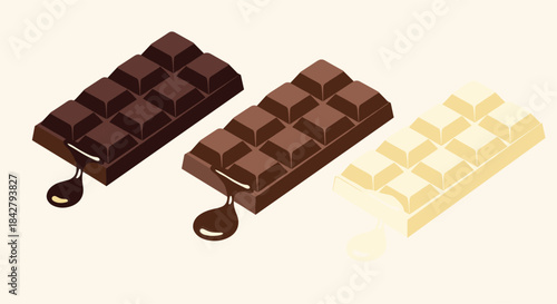 An isometric illustration featuring three delicious chocolate bars in dark, milk, and white varieties, melting slightly on a creamy backdrop.