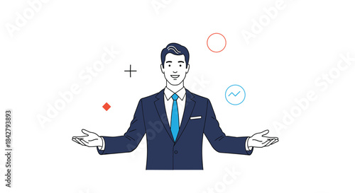 Smiling businessman in a navy suit with a blue tie presents a concept with open hands, surrounded by floating abstract business and growth symbols.