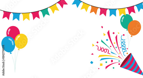 Colorful party celebration background with festive balloons, exploding popper, and decorative bunting flags for joyful events.