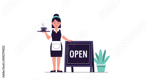 A smiling waitress in uniform holds a steaming coffee cup on a tray, standing next to an 'OPEN' sign, ready to welcome customers.