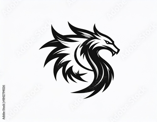 High-quality vector illustration of a fierce dragon head with a sleek, curved serpentine body forming an S-shape, sharp angular spikes, aggressive expression with glowing yellow eyes, bold black 