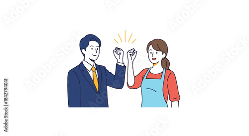 A man in a suit and a woman in an apron make a determined fist gesture, symbolizing support and joint effort.