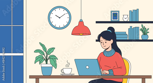 A young woman works on her laptop at a cozy home office desk, surrounded by everyday items like a plant, coffee, and books.