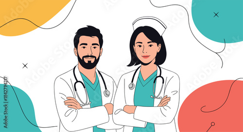 A diverse doctor and a nurse stand together with crossed arms, symbolizing professional healthcare, medical services, and dedicated teamwork in a modern illustration.