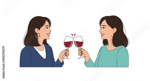 Two cheerful women with elegant hairstyles toast their glasses of red wine, enjoying a friendly celebration.