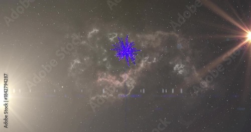 Blue beam rising from bottom-center emitting two pulsing bursts, expanding fading into pink nebula