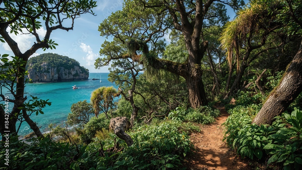 Fototapeta premium Lush jungle path overlooking turquoise sea and cliffs, tropical forest scenery with vibrant foliage, serene coastal landscape, nature, and adventure setting.