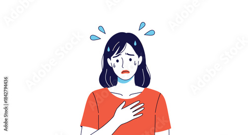 A worried young woman experiences anxiety, panic, or fear with sweat on her face and a hand on her chest, feeling stressed.