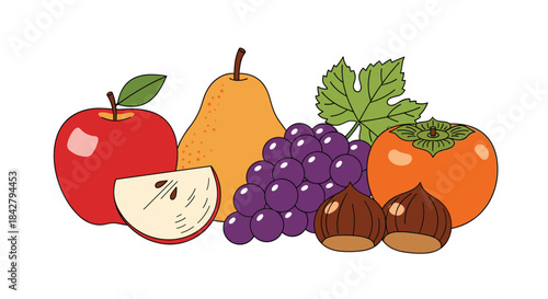 Colorful autumn harvest of fresh fruits and nuts including apple, pear, grapes, persimmon, and chestnuts, arranged on a white background.