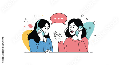 Cheerful young women engaging in a friendly phone conversation, illustrating modern communication and social connection.
