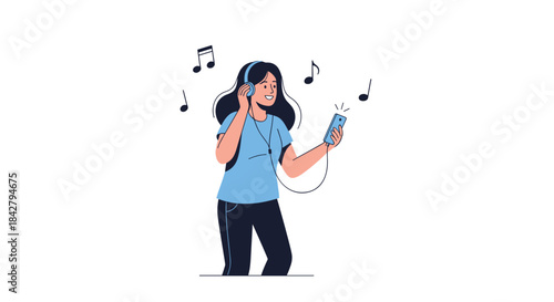 A happy young woman enjoys listening to music through headphones on her smartphone, surrounded by cheerful musical notes.