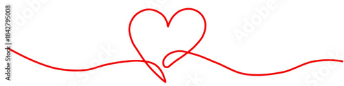 Minimal red one line heart drawing with a continuous flowing line suitable for romantic designs valentines graphics invitations and modern illustrations.
