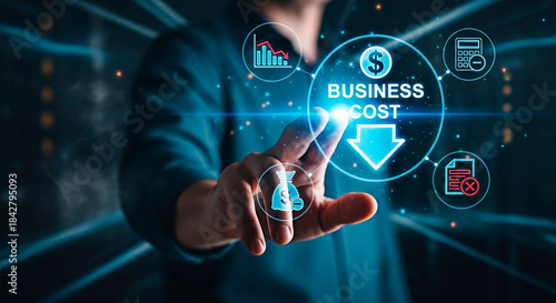 Business cost decreasing concept, financial strategy with a digital technology.