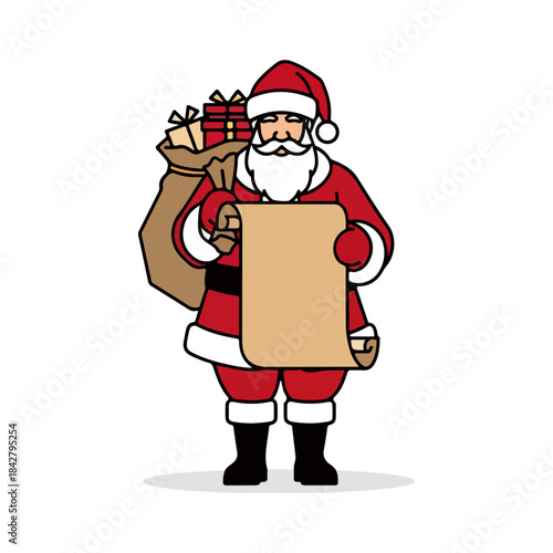 Santa Claus holding a scroll and gift bag.