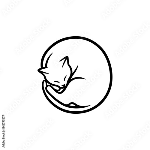 Sleeping curled cat inside circle minimalist illustration.