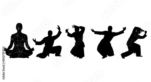 Silhouettes of five figures performing various martial arts and meditation poses