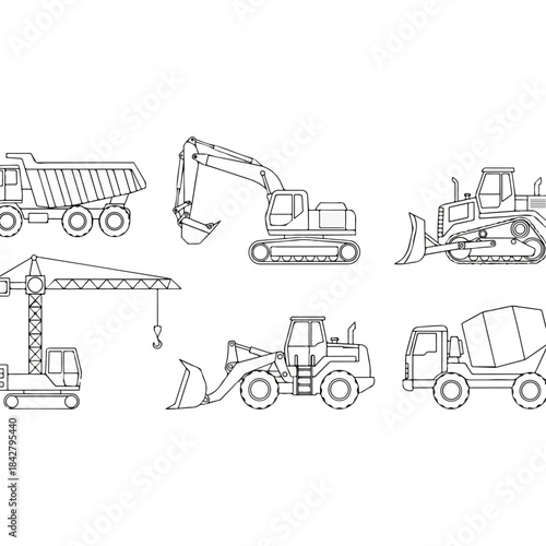 Construction Vehicles Line Art Illustration Set.