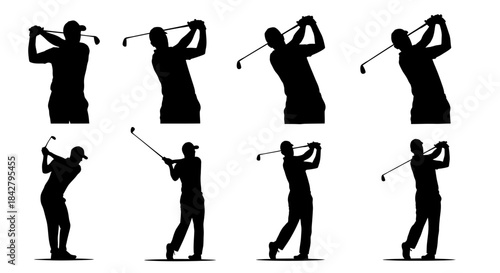 Silhouettes of a golfer in various stages of the golf swing