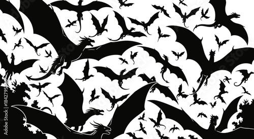 A swarm of silhouetted dragons filling the sky in a dramatic black and white illustration