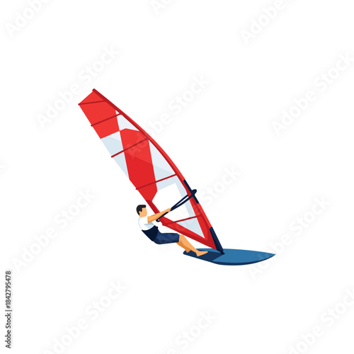 Dynamic Windsurfer Gliding Across Water with Red and White Sail.