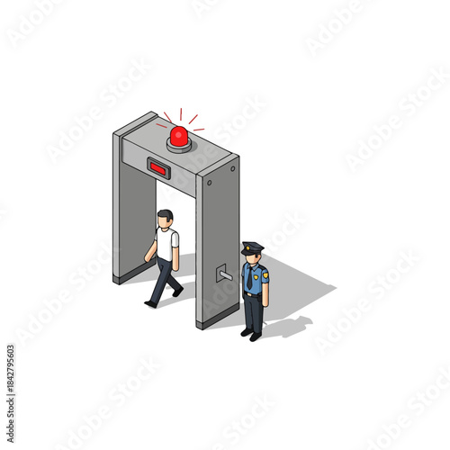Security checkpoint metal detector arch with people.