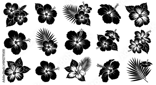 Collection of black and white tropical hibiscus flowers and palm leaves silhouettes