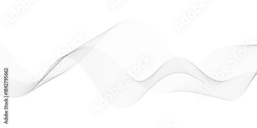 Abstract halftone background with wavy surface made of gray dots on white background. Flowing dots particles wave pattern 3D curve halftone black gradient curve shape isolated