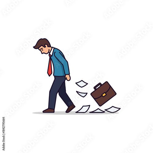 Tired businessman walking with papers falling from his briefcase.
