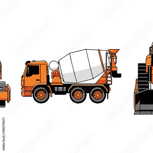 Orange Cement Mixer Truck and Construction Vehicles.